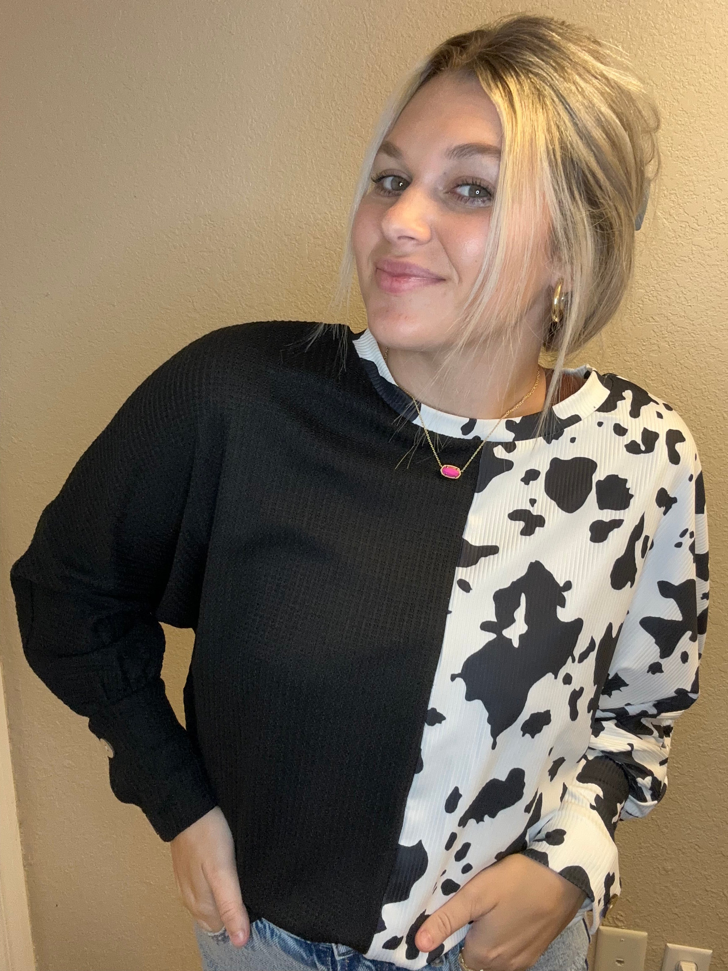 Fleece Cow Pattern and Black Long Sleeve shirt