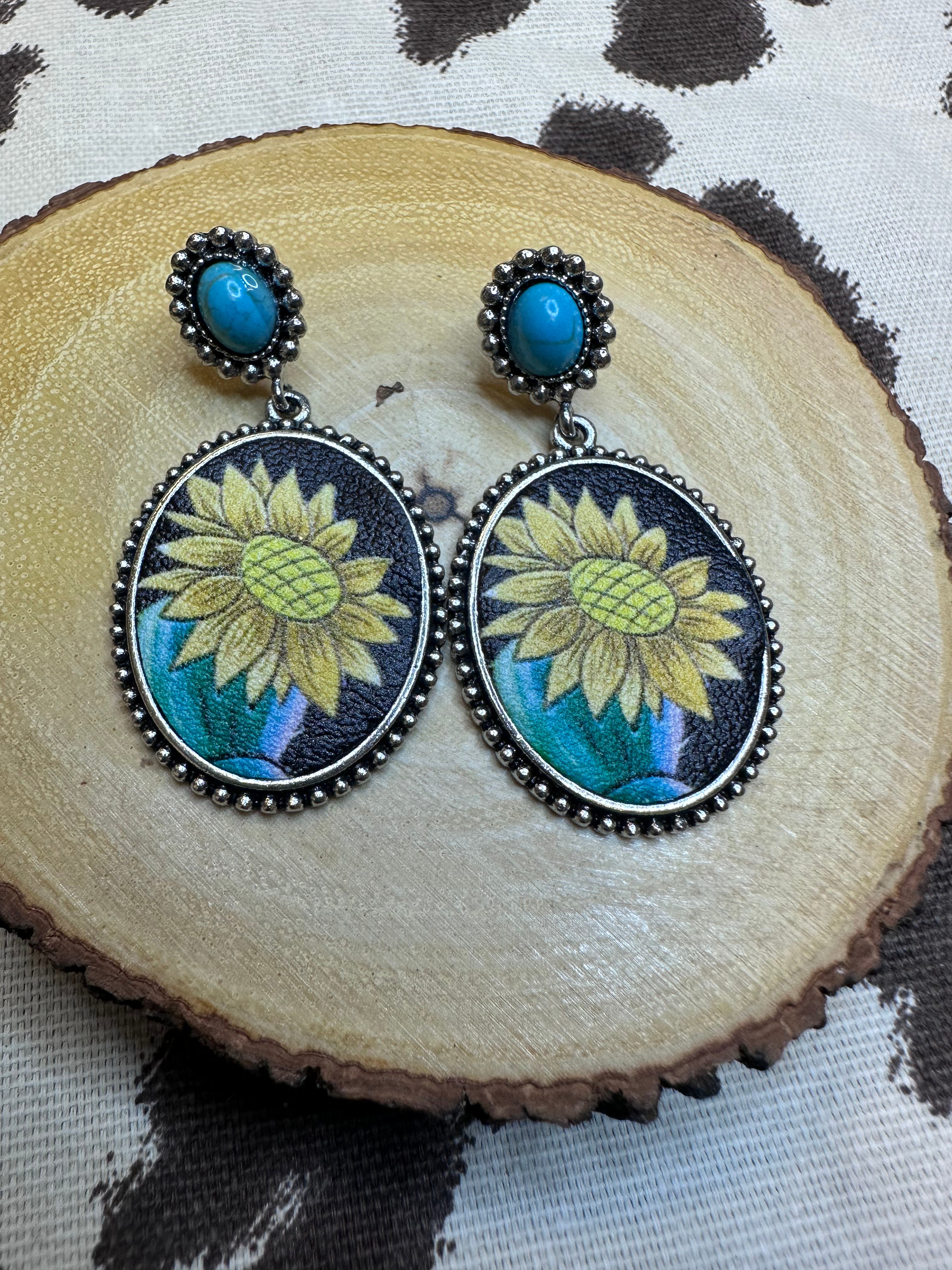 Bohemian Adorable Southwest Cowgirl Sunflower  Turquoise Earrings