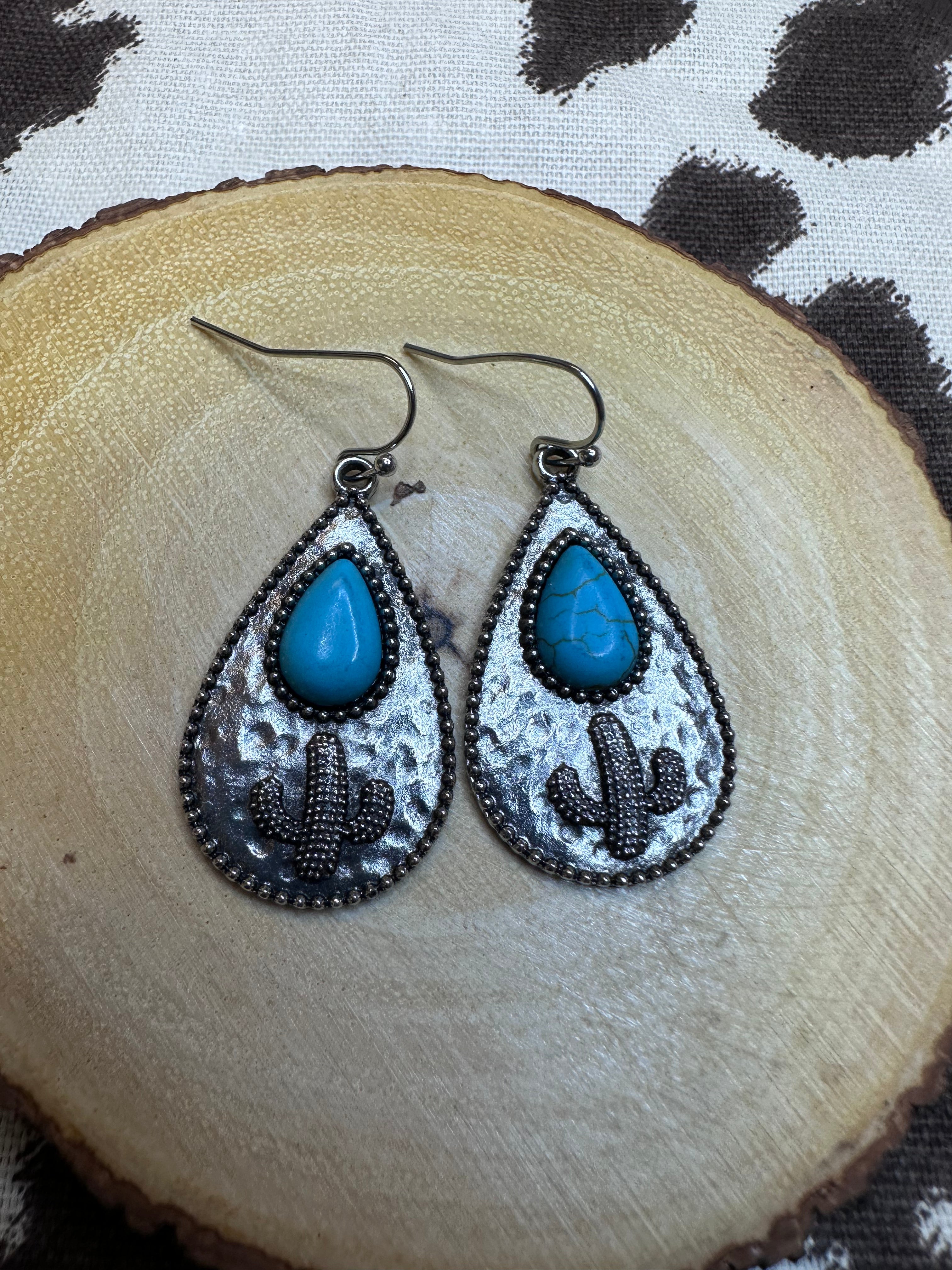 Boho Chic Gorgeous Western Turquoise Cactus Waterdrop Earrings