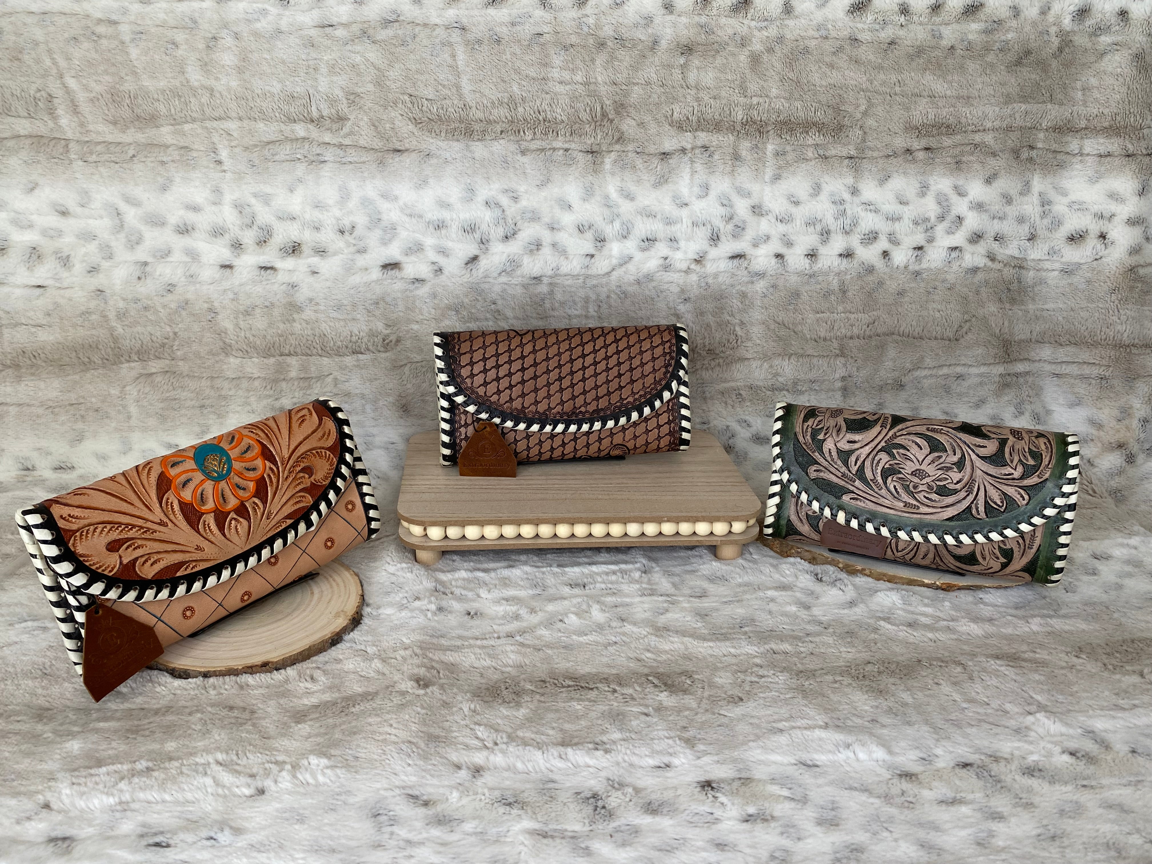 Handmade Tooled Leather Wallet Women Carved Leather Wallet Embossed Leather Wallet